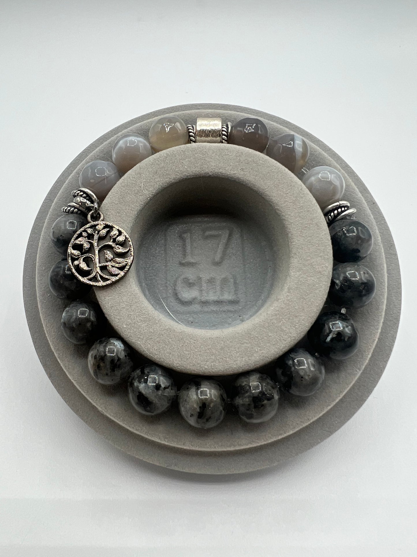 Gemstone Bracelet/10MM Gray Agate and Black Labradorite (Larvikite) with Tree of Life Charm