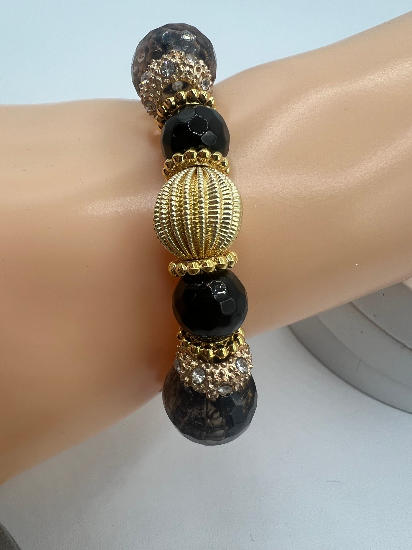 Gemstone Beaded Bracelet/10-12 MM Vintage Rutilated Quartz with Gold Accents