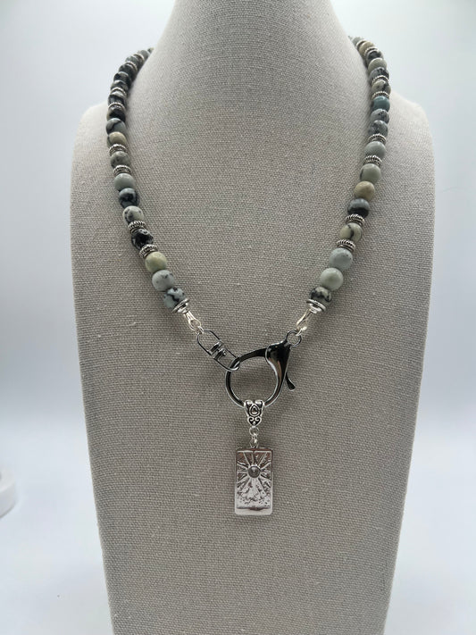 Gemstone Keychain Necklace/Kiwi Jasper, Silver