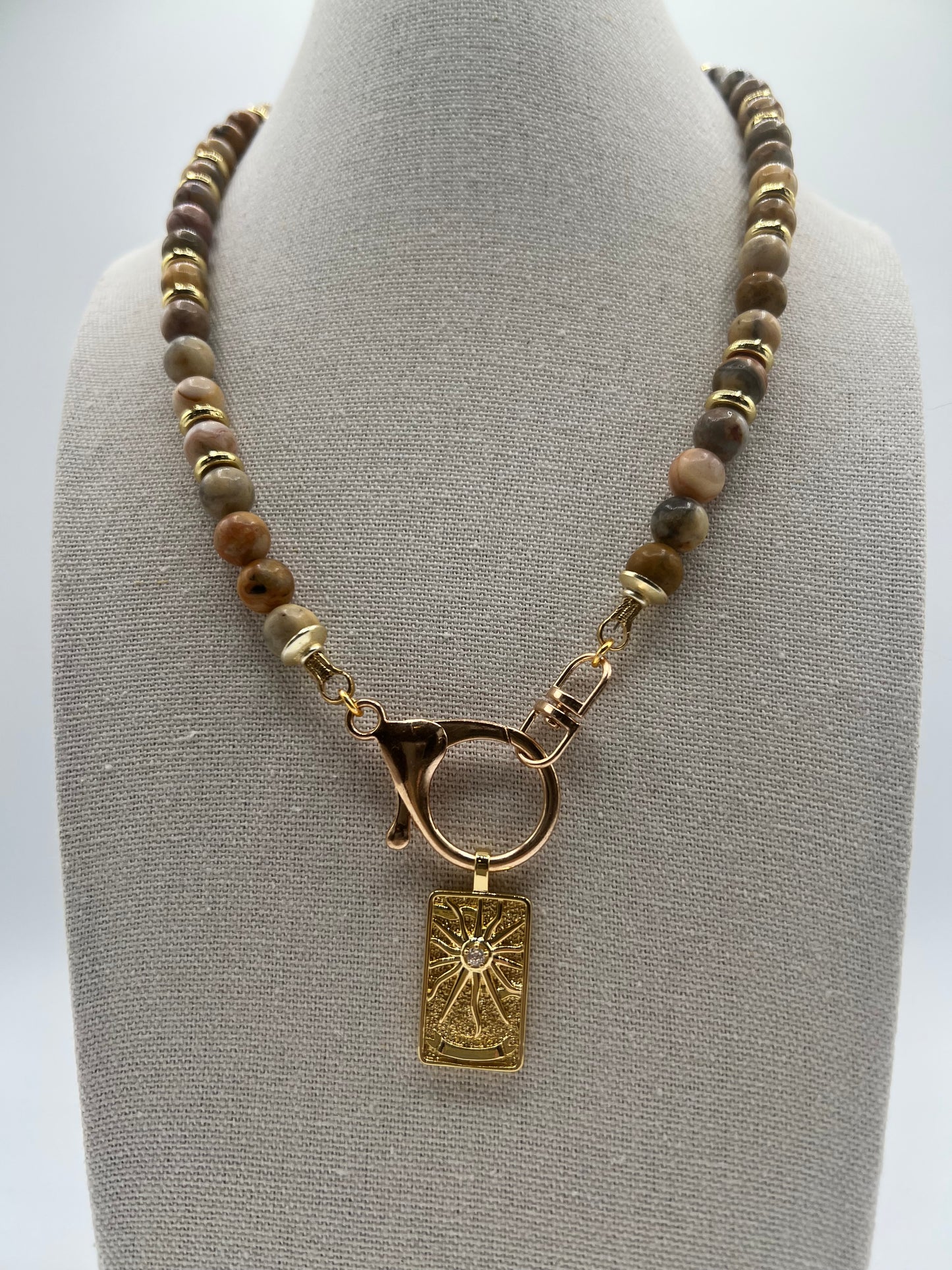 Gemstone Key Chain Necklace/Picture Jasper, Gold