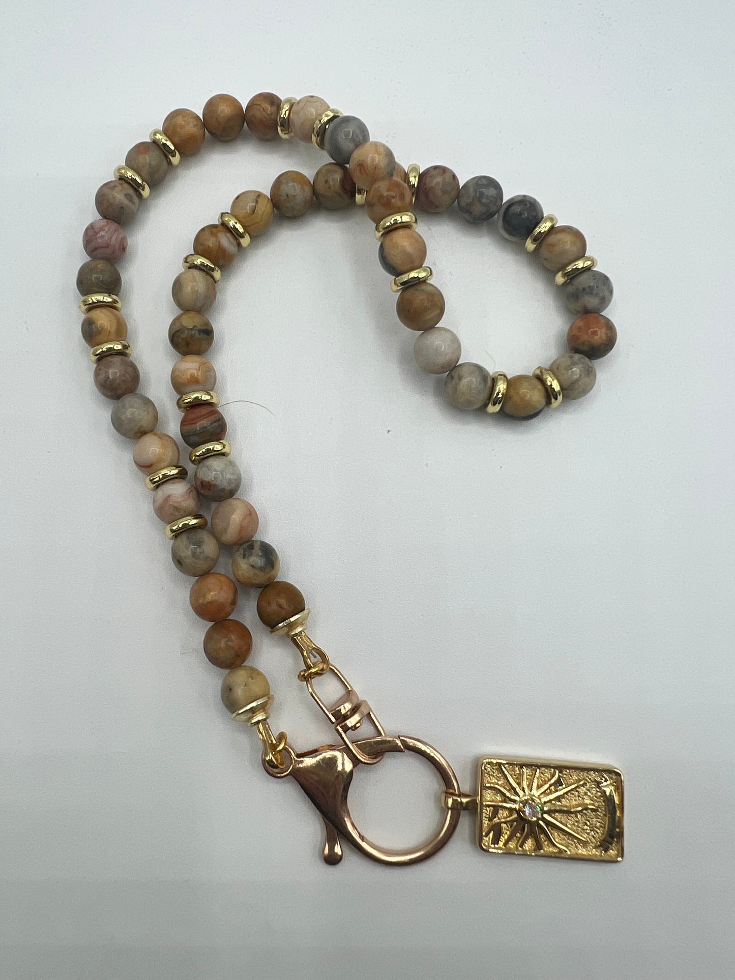 Gemstone Key Chain Necklace/Picture Jasper, Gold