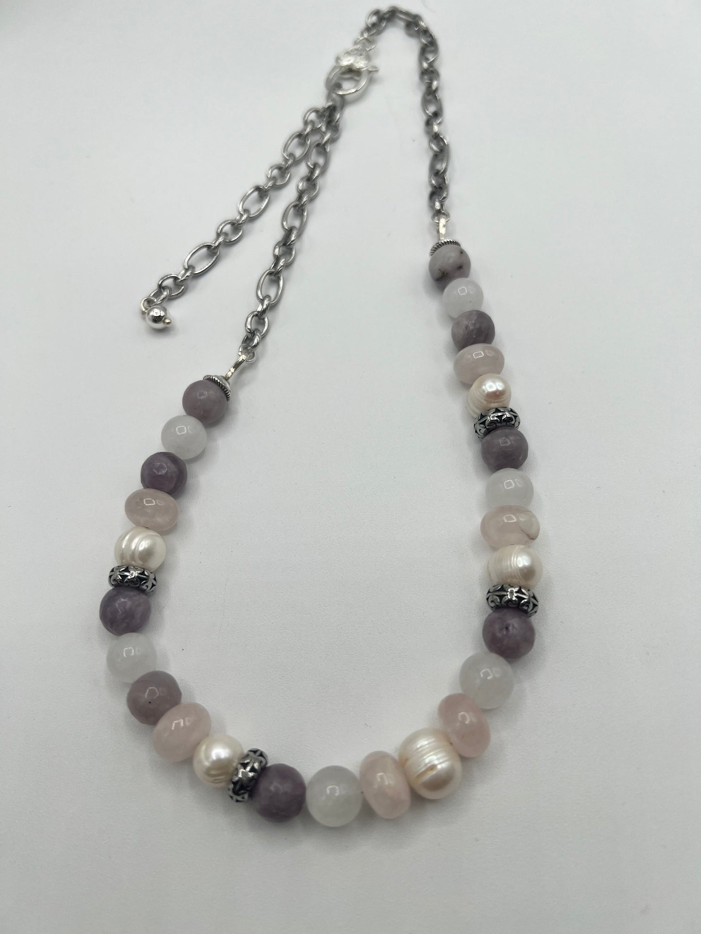 Gemstone Adjustable Necklace/ Fresh Water Pearls, Rose quartz, Amethyst