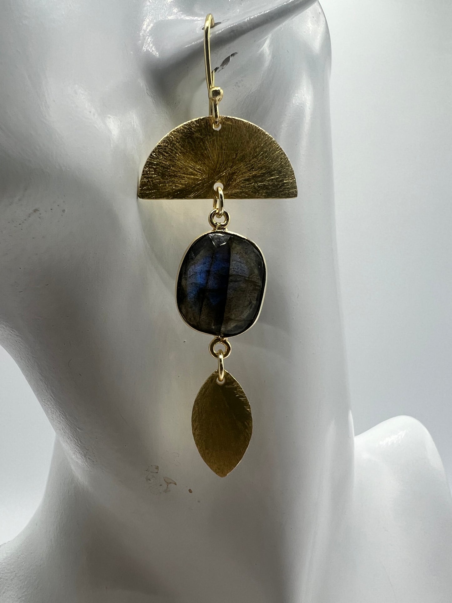 Gemstone Earring/Labradorite Slice with Moon Shaped Gold Charms