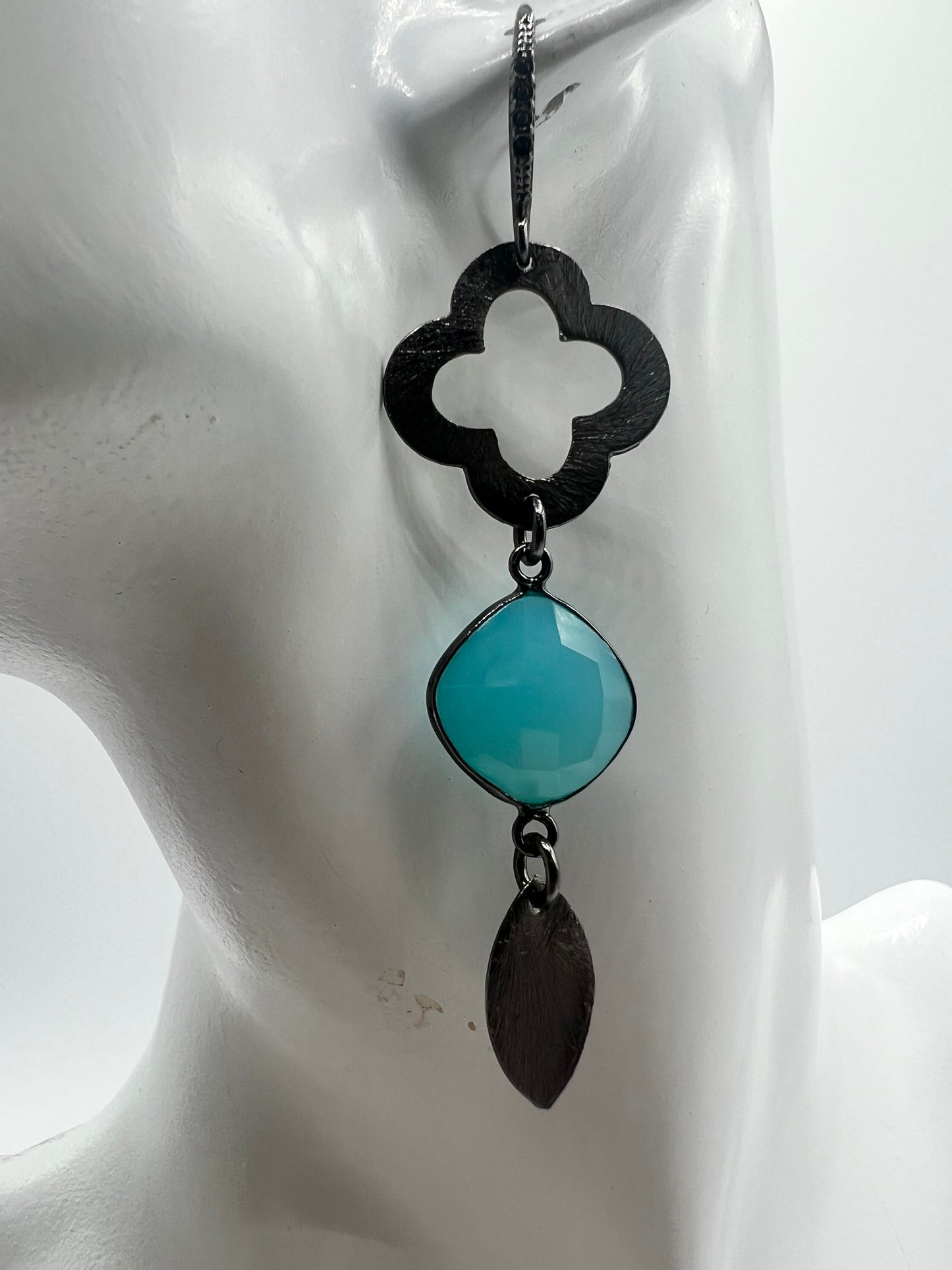 Gemstone Earring/ Gunmetal, Chalcedony, Marquise, Charms
