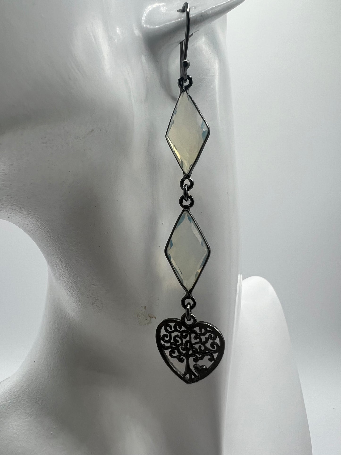 Gemstone Earrings/Gunmetal, Diamond, Opalite, Heart Tree of Life Charm