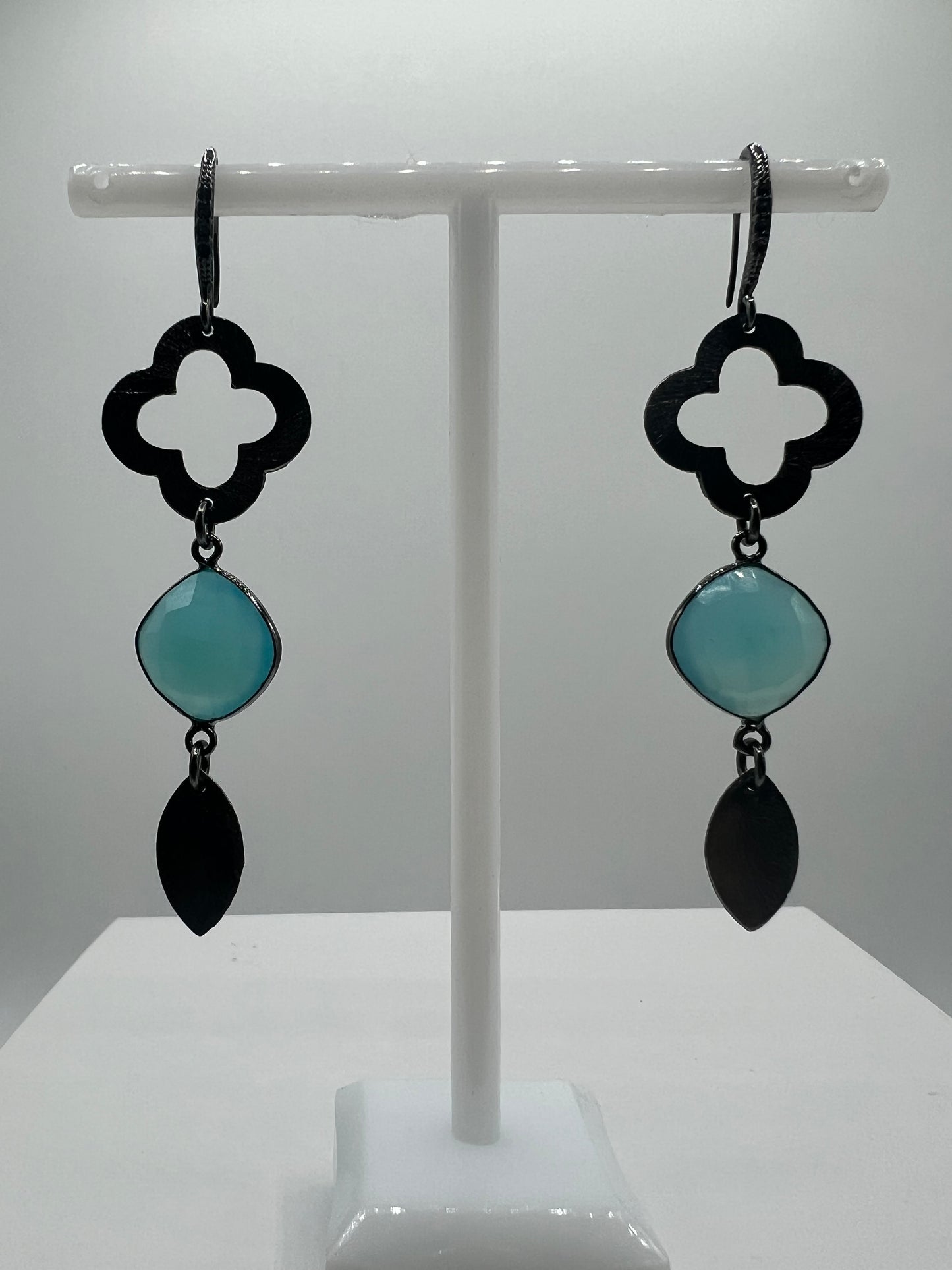 Gemstone Earring/ Gunmetal, Chalcedony, Marquise, Charms
