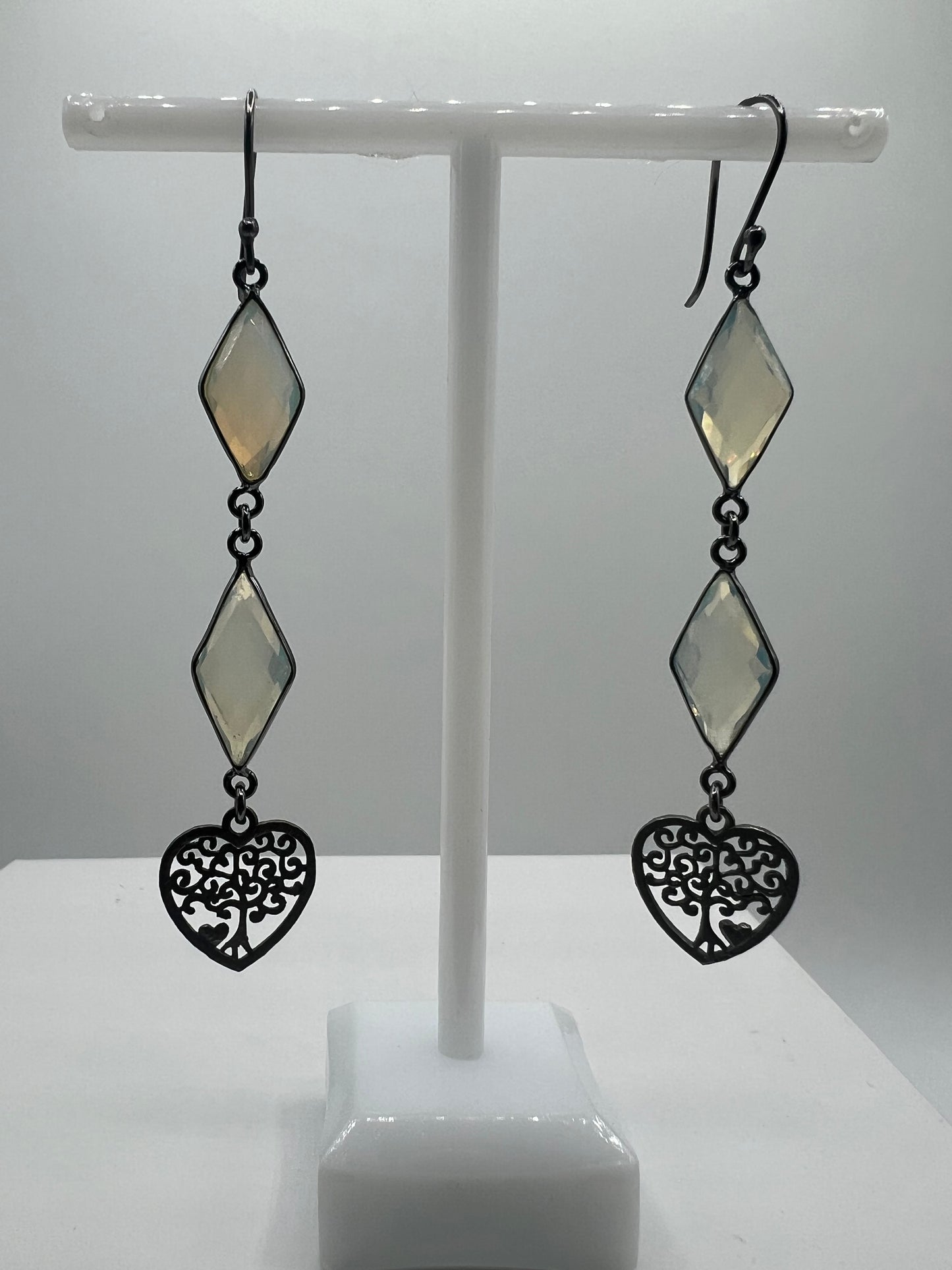 Gemstone Earrings/Gunmetal, Diamond, Opalite, Heart Tree of Life Charm