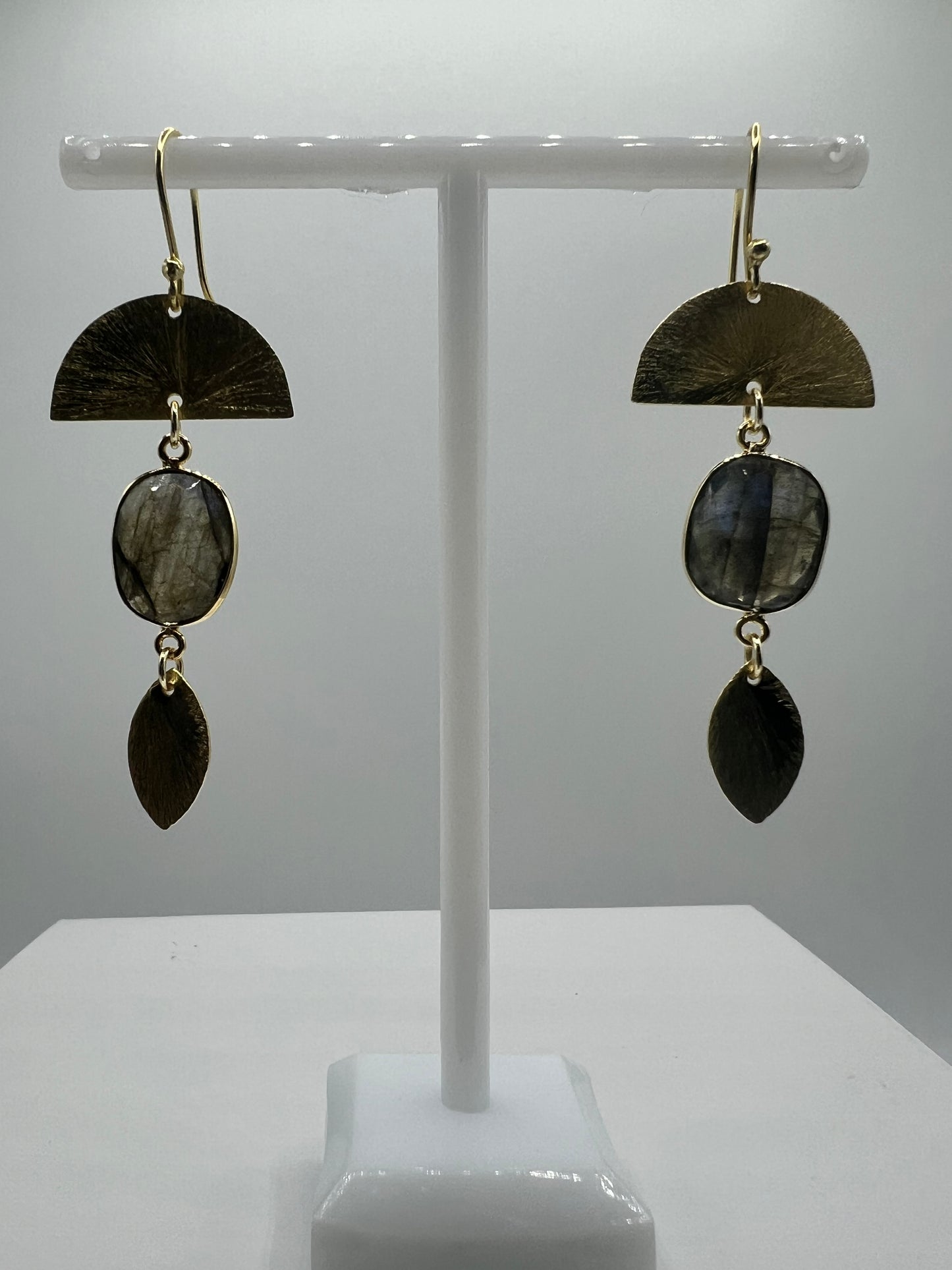 Gemstone Earring/Labradorite Slice with Moon Shaped Gold Charms