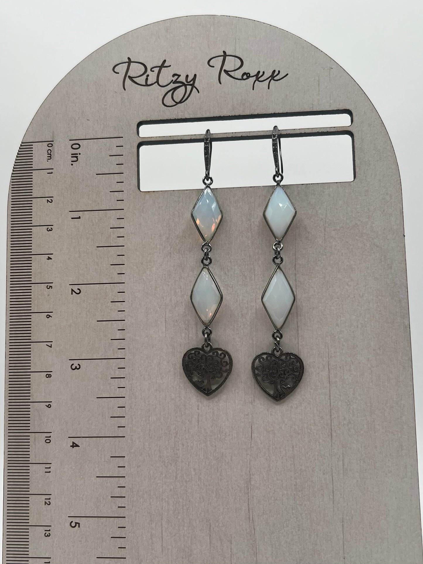 Gemstone Earrings/Gunmetal, Diamond, Opalite, Heart Tree of Life Charm