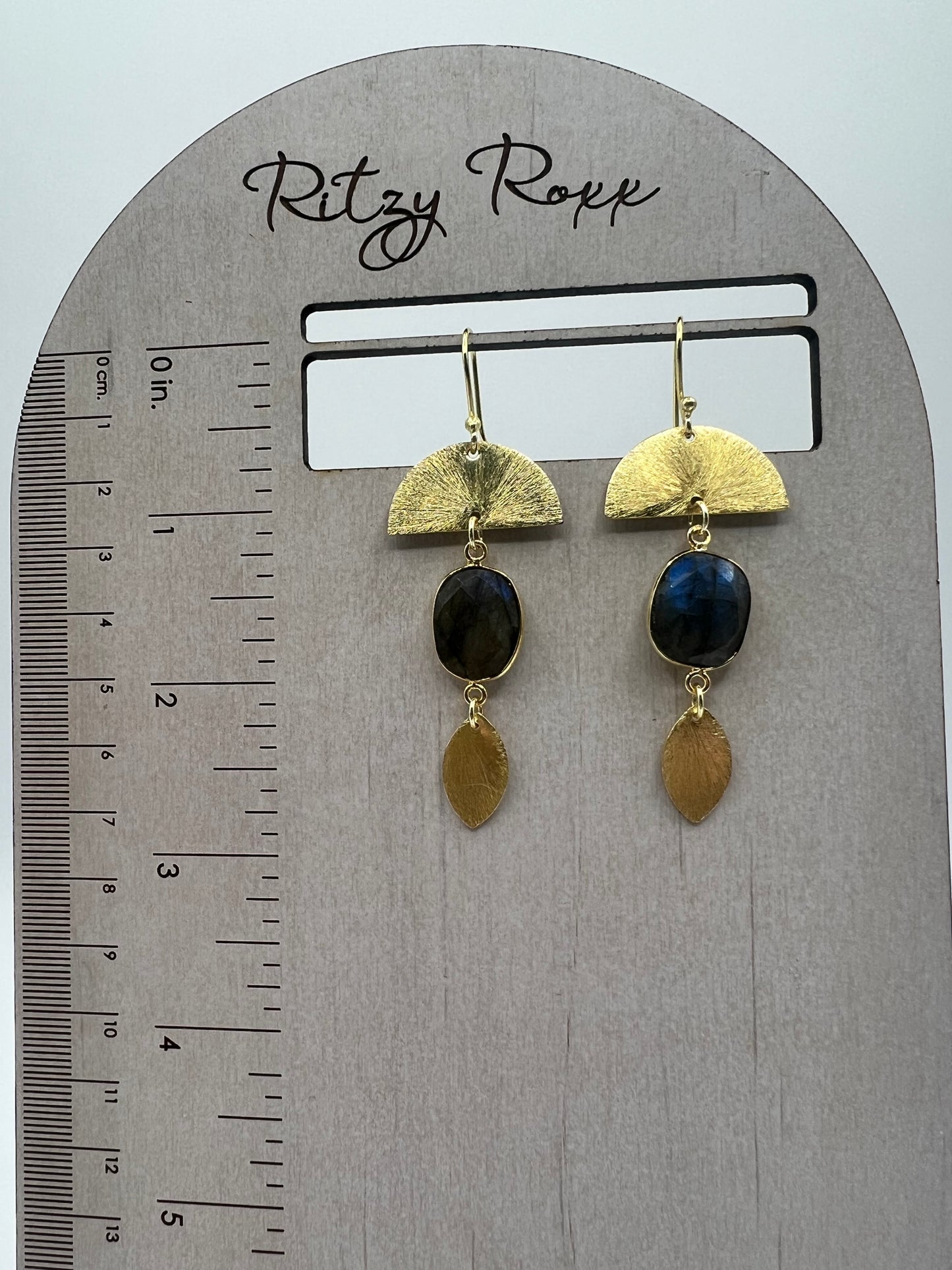 Gemstone Earring/Labradorite Slice with Moon Shaped Gold Charms