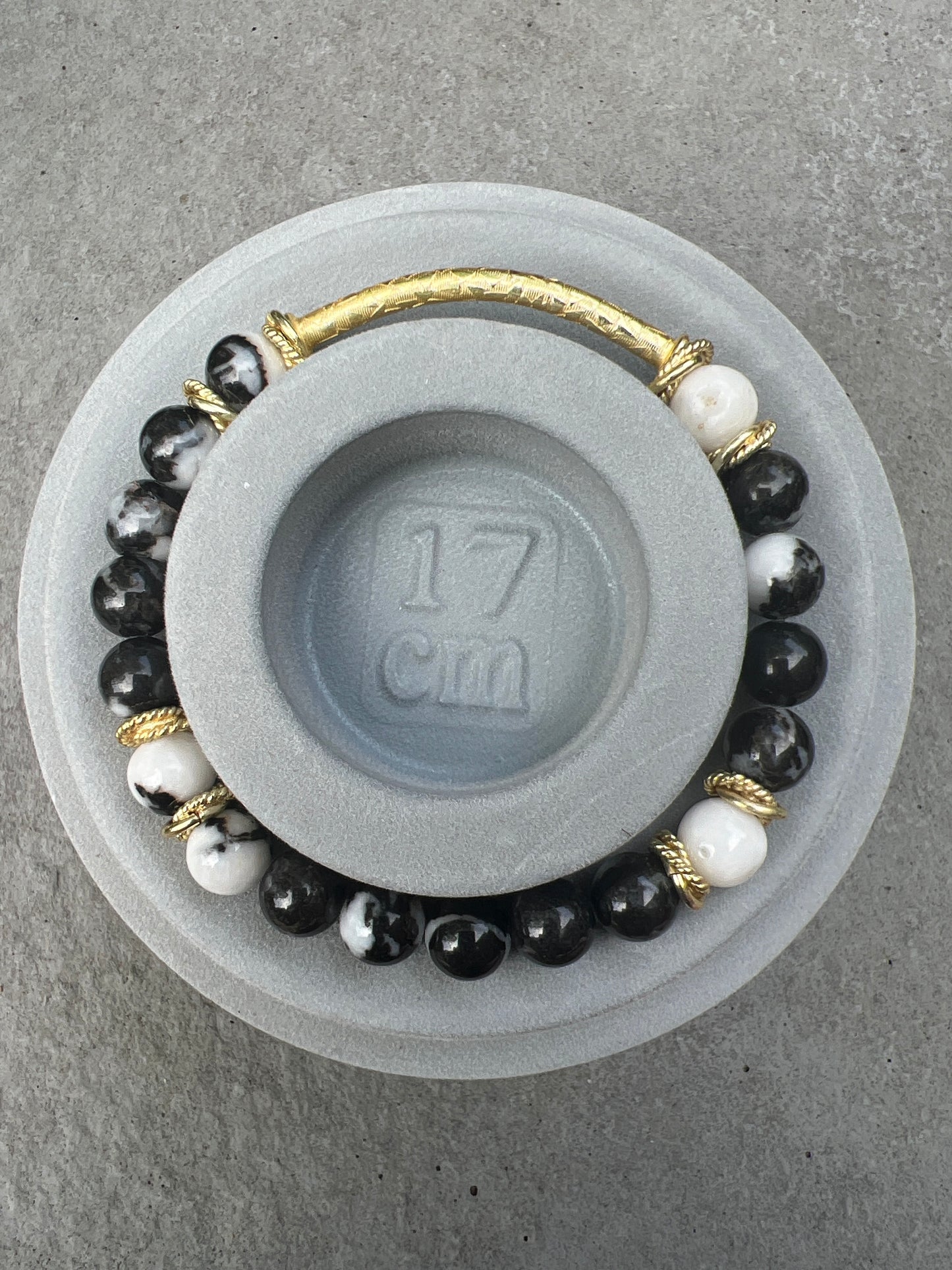 Gemstone Bracelet Black and White Picture Jasper with Gold accents