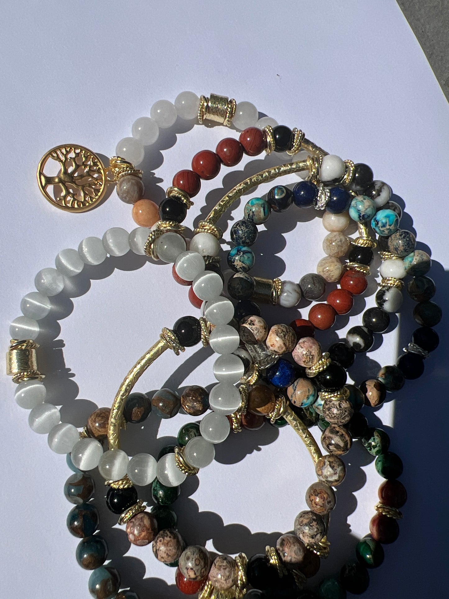 Gemstone Bracelet Black and White Picture Jasper with Gold accents