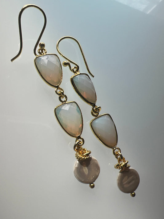 Gemstone Earrings Opalite trillions with a coin pearl finished in gold