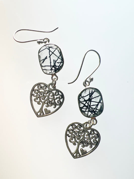 Gemstone Earring Black Rutile with silver filigree heart