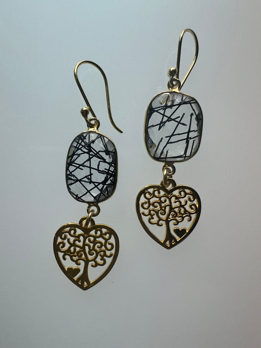 Gemstone Earring Black Rutile with gold filigree heart