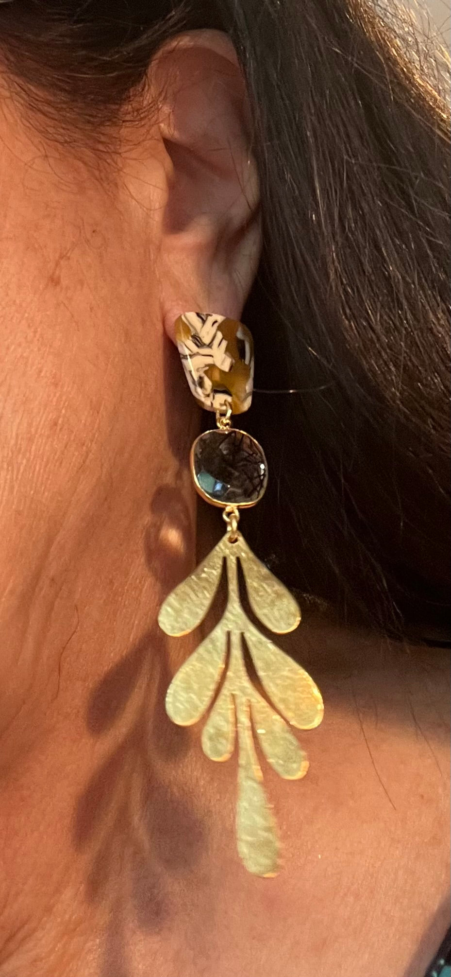 Gemstone Earrings/ Tortoise Shell Post,Rutile Bezel Set Stone, Brass Hammered Leaf