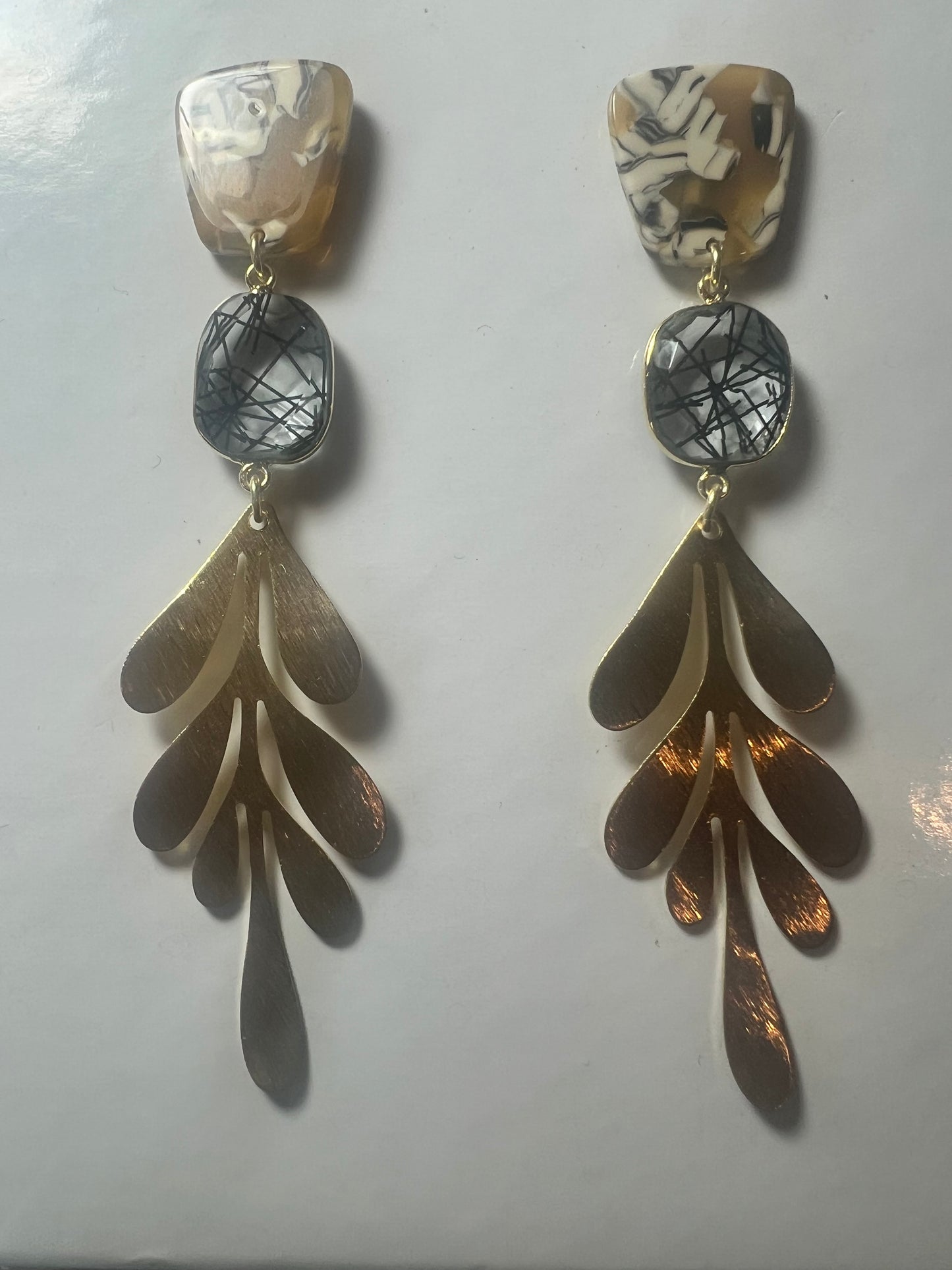 Gemstone Earrings/ Tortoise Shell Post,Rutile Bezel Set Stone, Brass Hammered Leaf