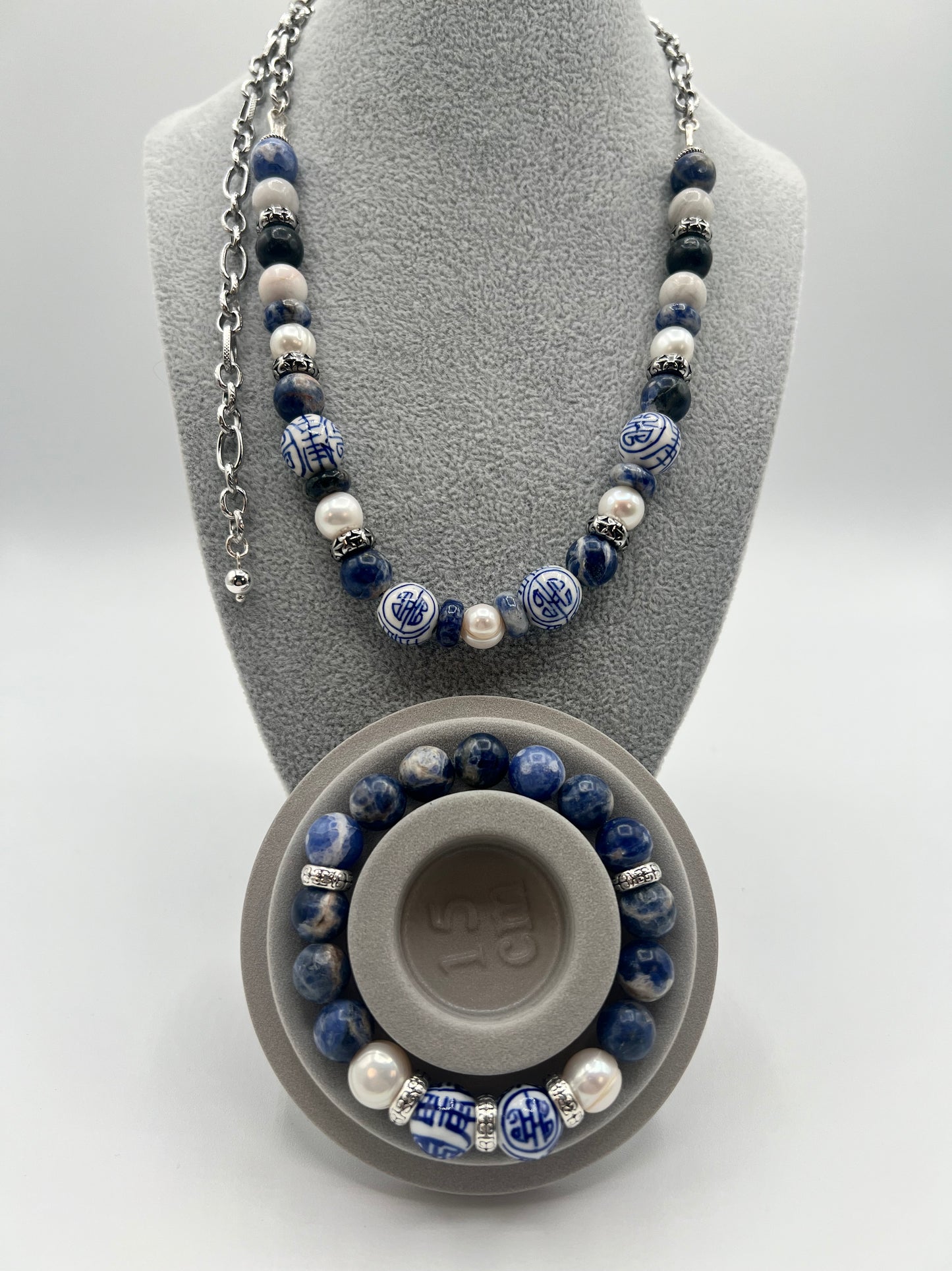 The Adjustable Necklace/ Sodalite, Pearl and Porcelain