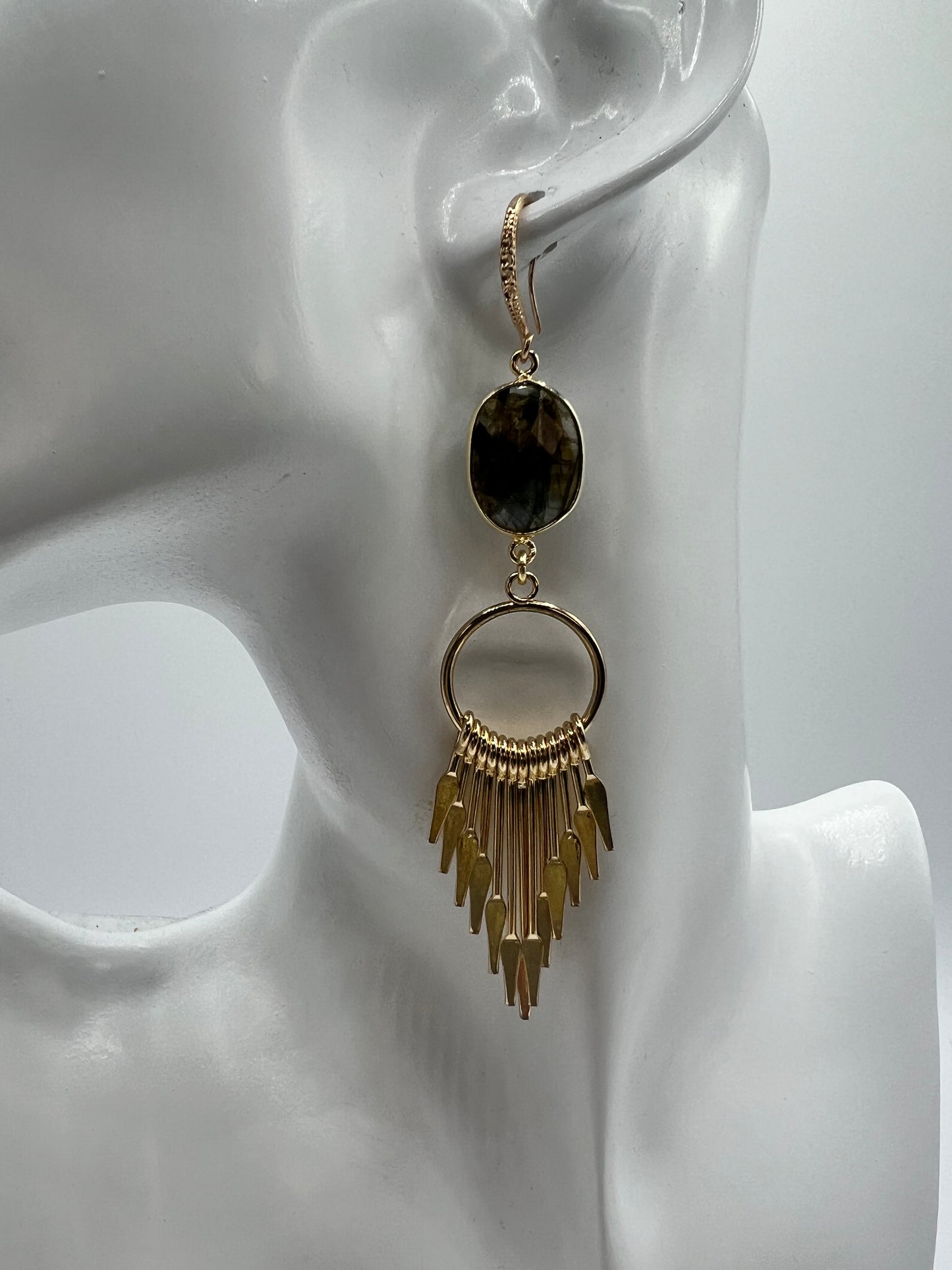 Gemstone Earring with Labradorite bezel set stone with large gold tassel