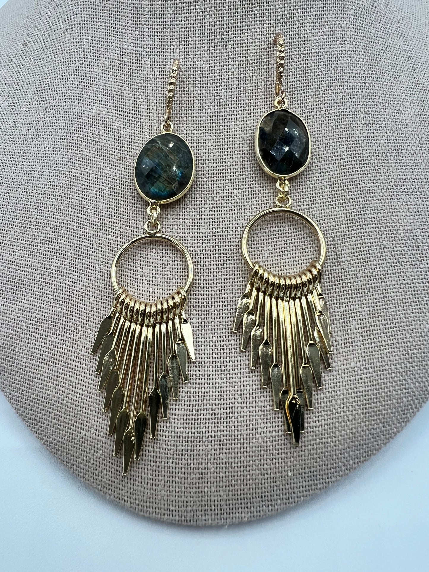 Gemstone Earring with Labradorite bezel set stone with large gold tassel