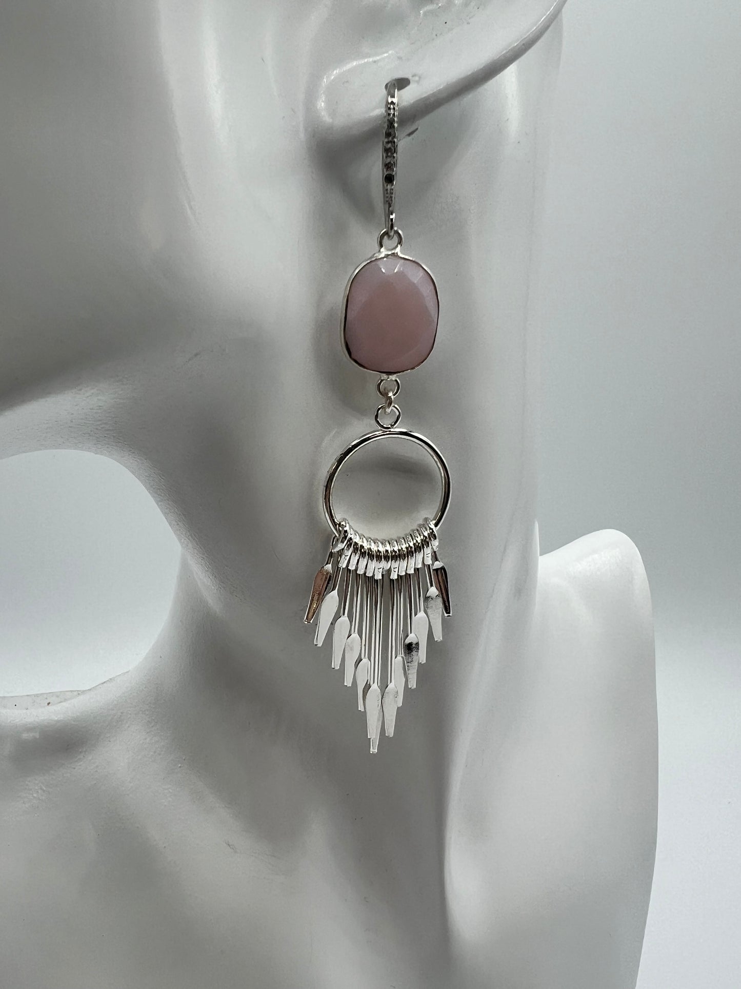 Gemstone Earring with Bezel Set Opalite with large silver tassel