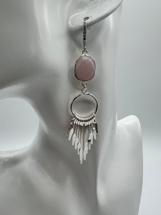 Gemstone Earring with Bezel Set Opalite with large silver tassel
