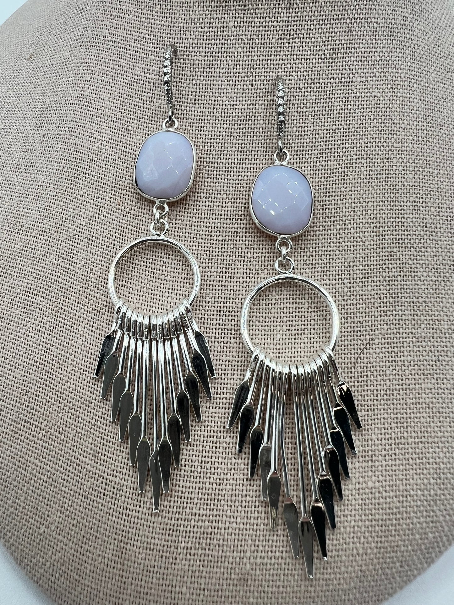 Gemstone Earring with Bezel Set Opalite with large silver tassel
