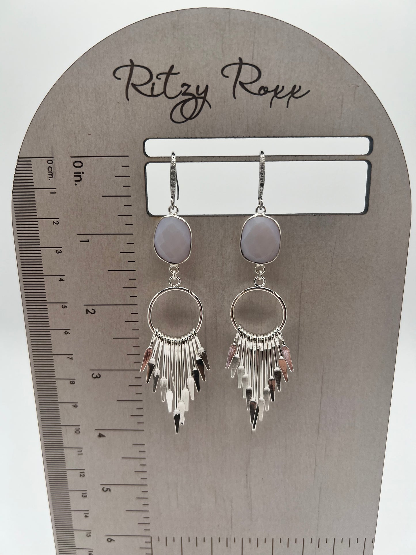 Gemstone Earring with Bezel Set Opalite with large silver tassel