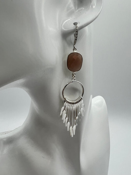 Gemstone Earring with Sunstone Bezel set stone with large silver tassle
