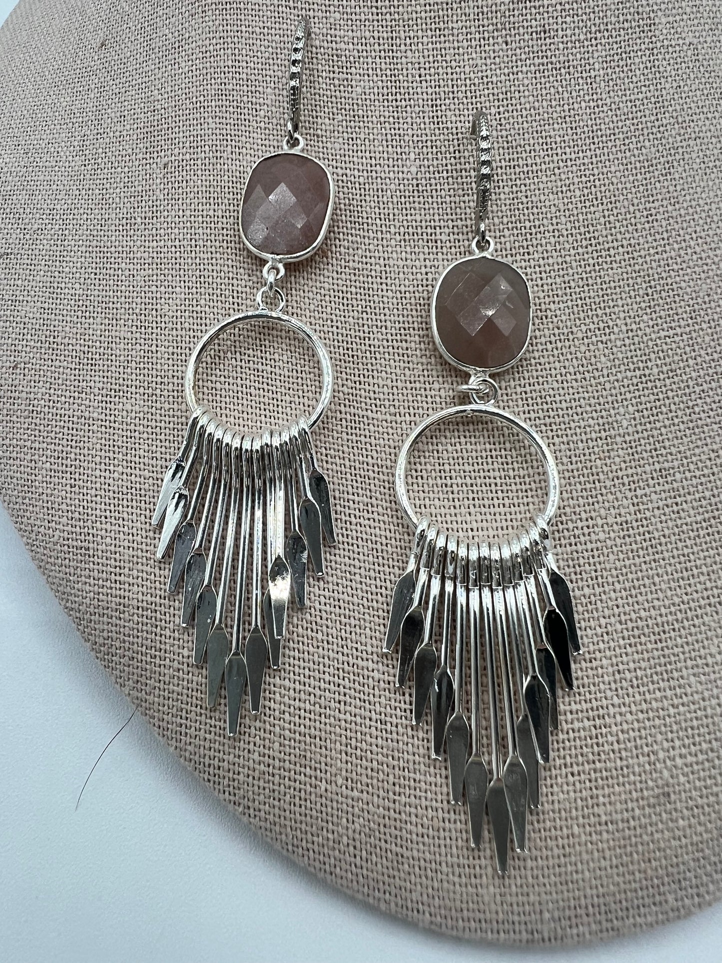 Gemstone Earring with Sunstone Bezel set stone with large silver tassle
