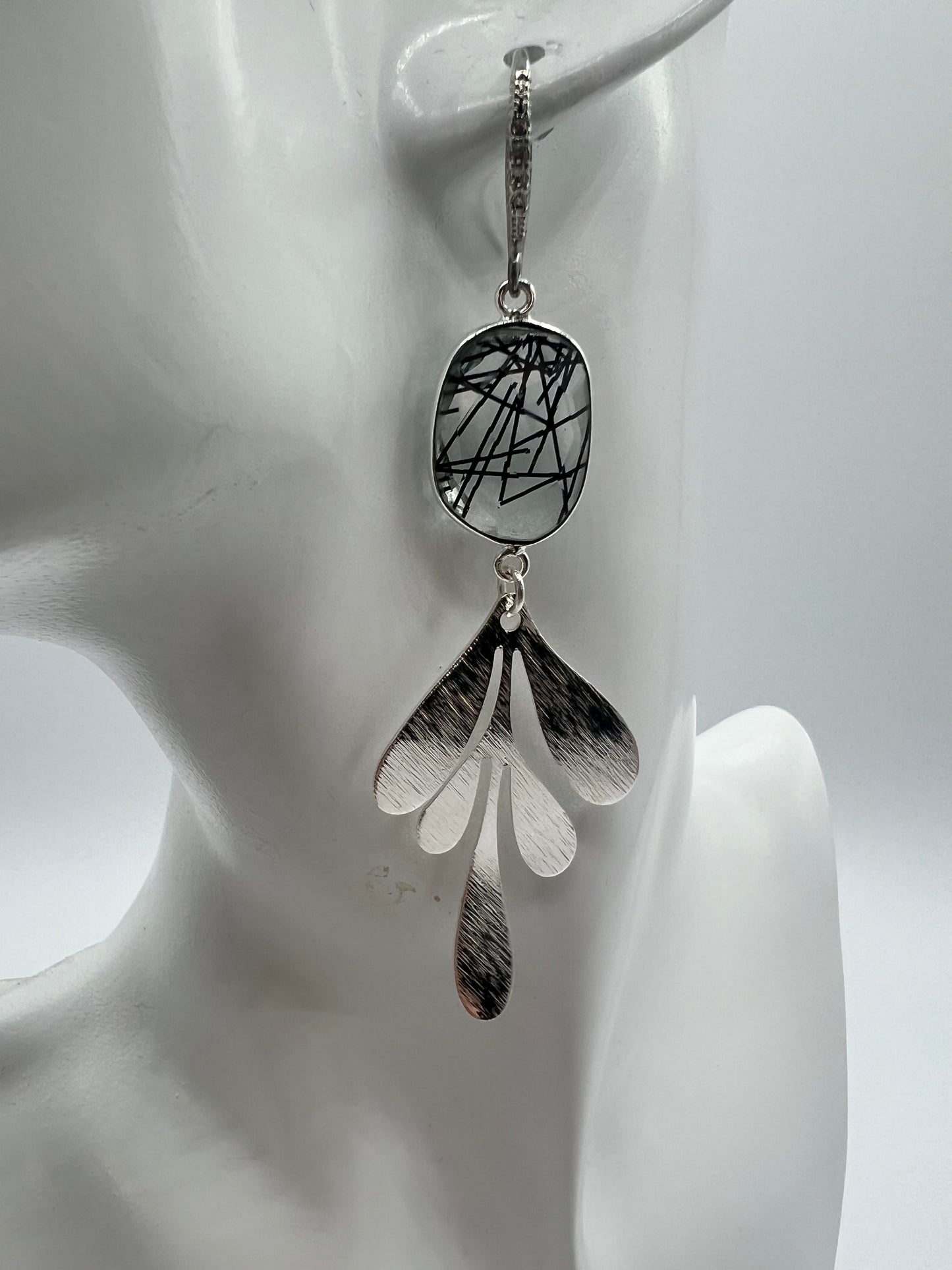 Gemstone Earring with Black Rutile and silver leaf