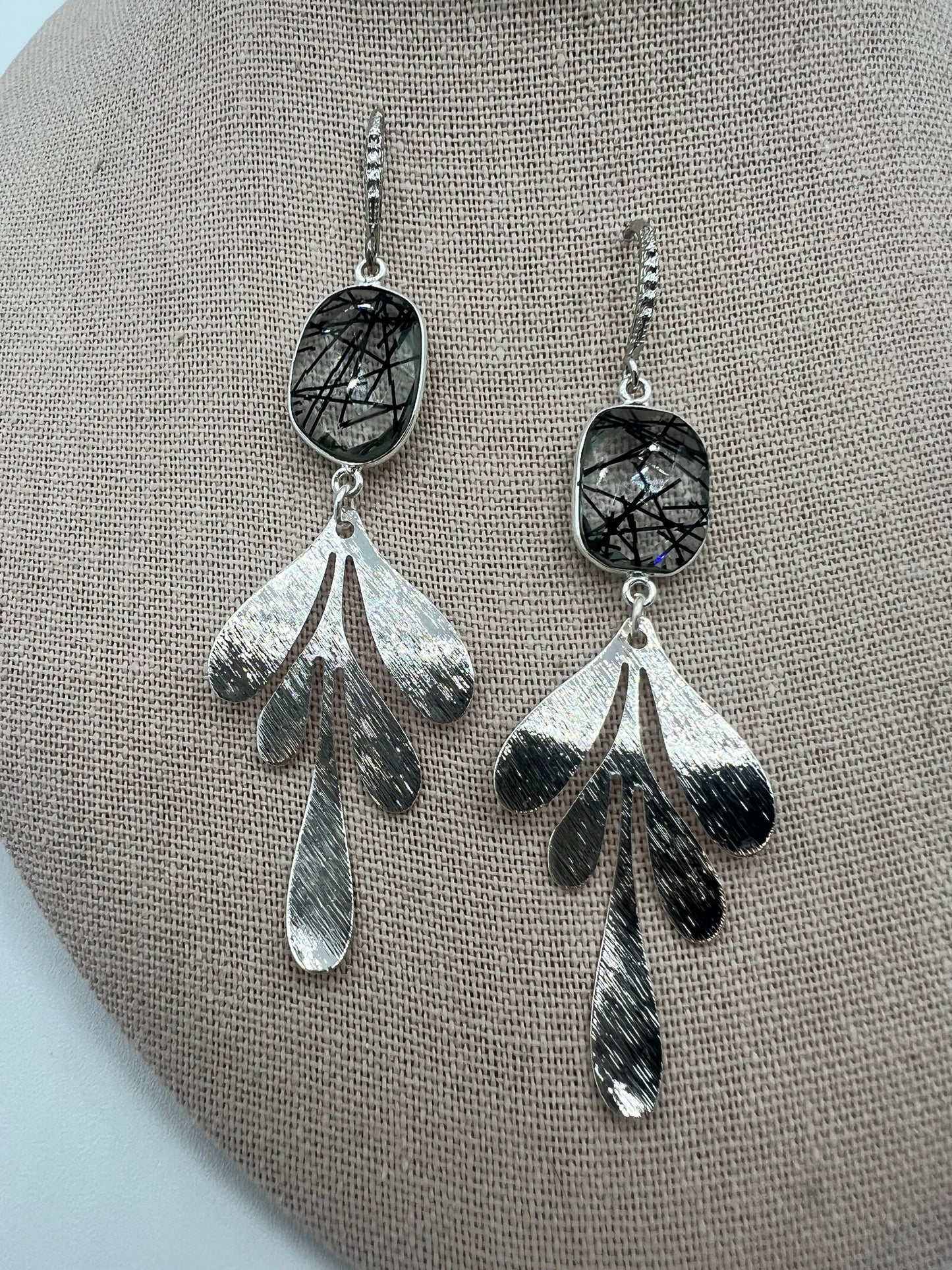 Gemstone Earring with Black Rutile and silver leaf