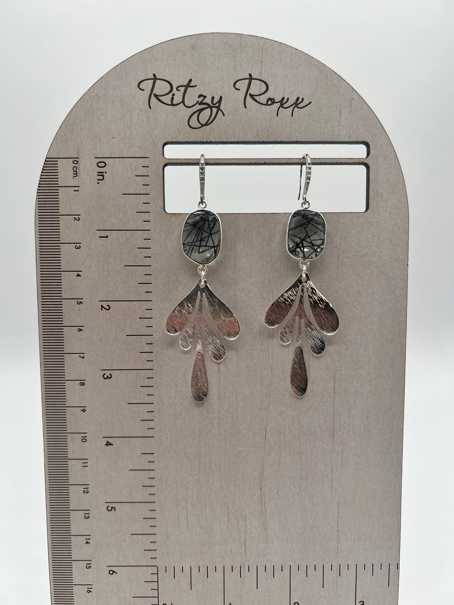 Gemstone Earring with Black Rutile and silver leaf