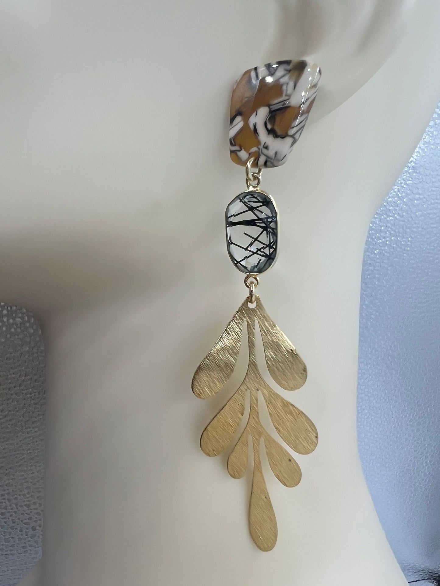 Gemstone Earring with Black Rutile, Tortoise shell and Hammered Gold Leaf