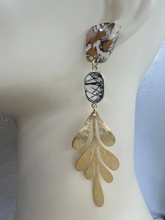 Gemstone Earring with Black Rutile, Tortoise shell and Hammered Gold Leaf