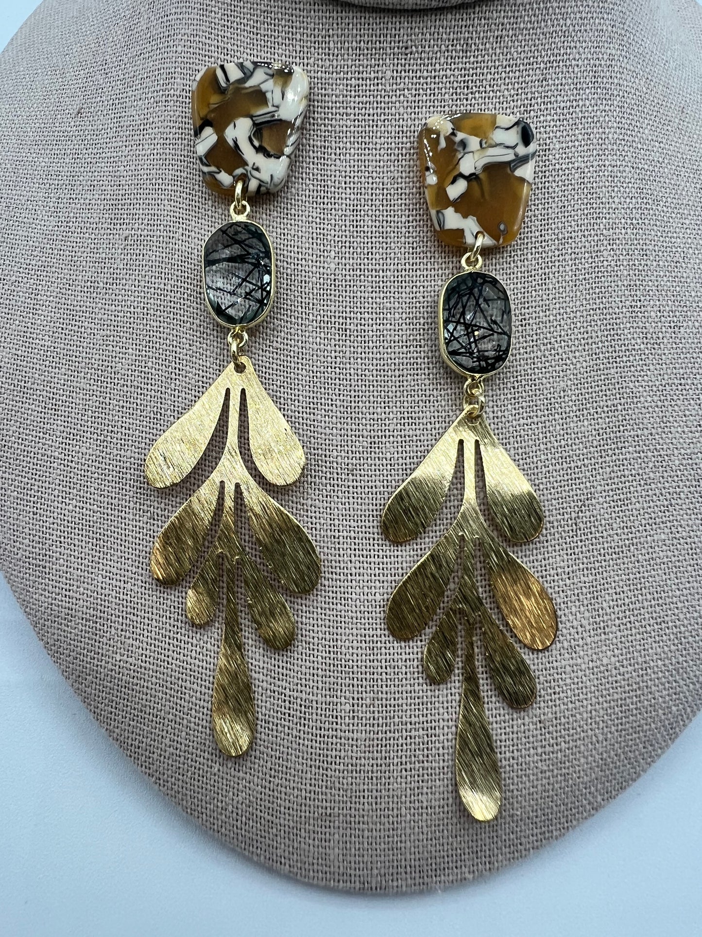 Gemstone Earring with Black Rutile, Tortoise shell and Hammered Gold Leaf