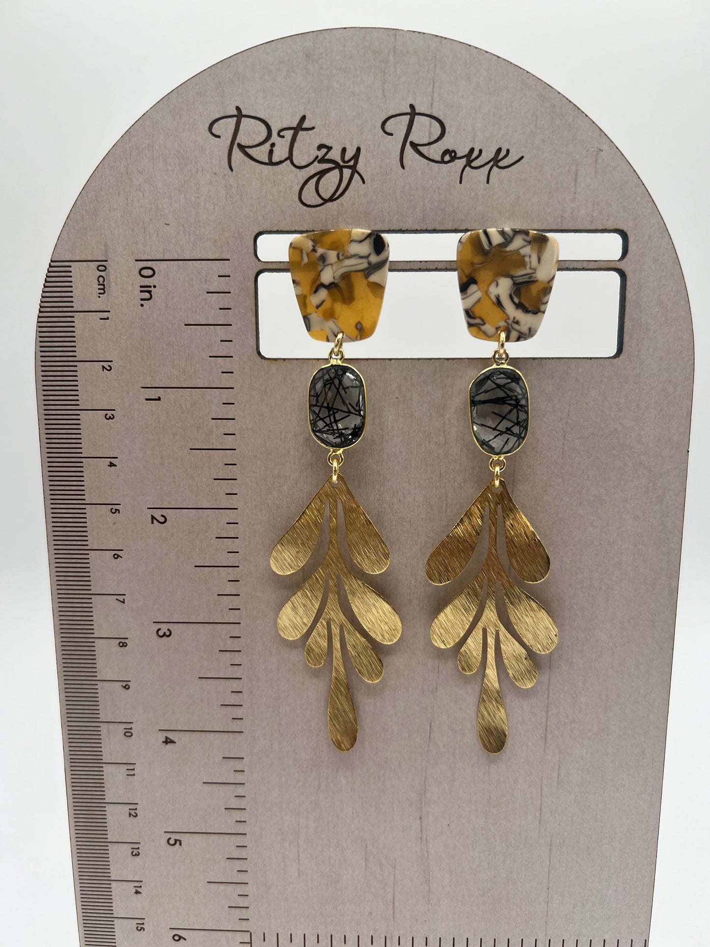 Gemstone Earring with Black Rutile, Tortoise shell and Hammered Gold Leaf