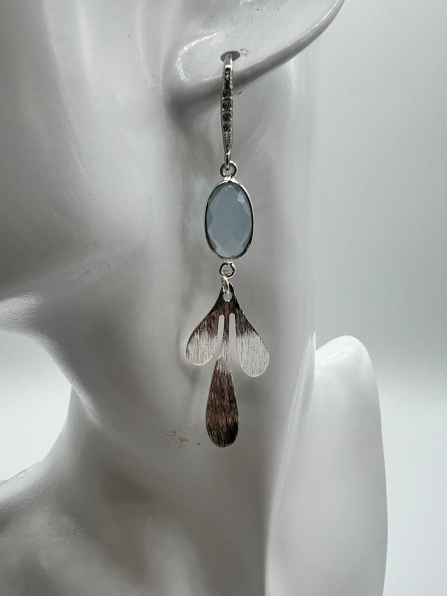 Silver gemstone Earring with Aqua Quartz Oval Quartz with Small Brushed Silver Leaf