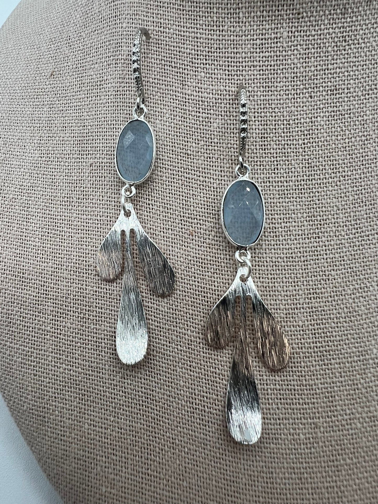 Silver gemstone Earring with Aqua Quartz Oval Quartz with Small Brushed Silver Leaf