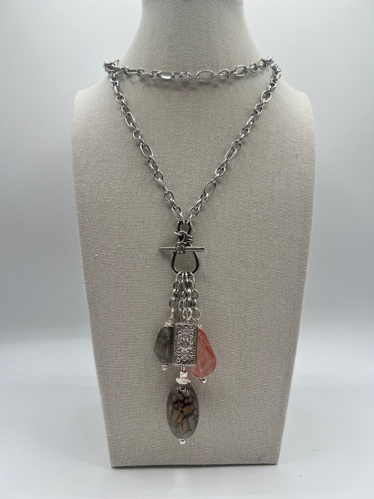 Long Silver Chain with Mixed Gemstone Charms