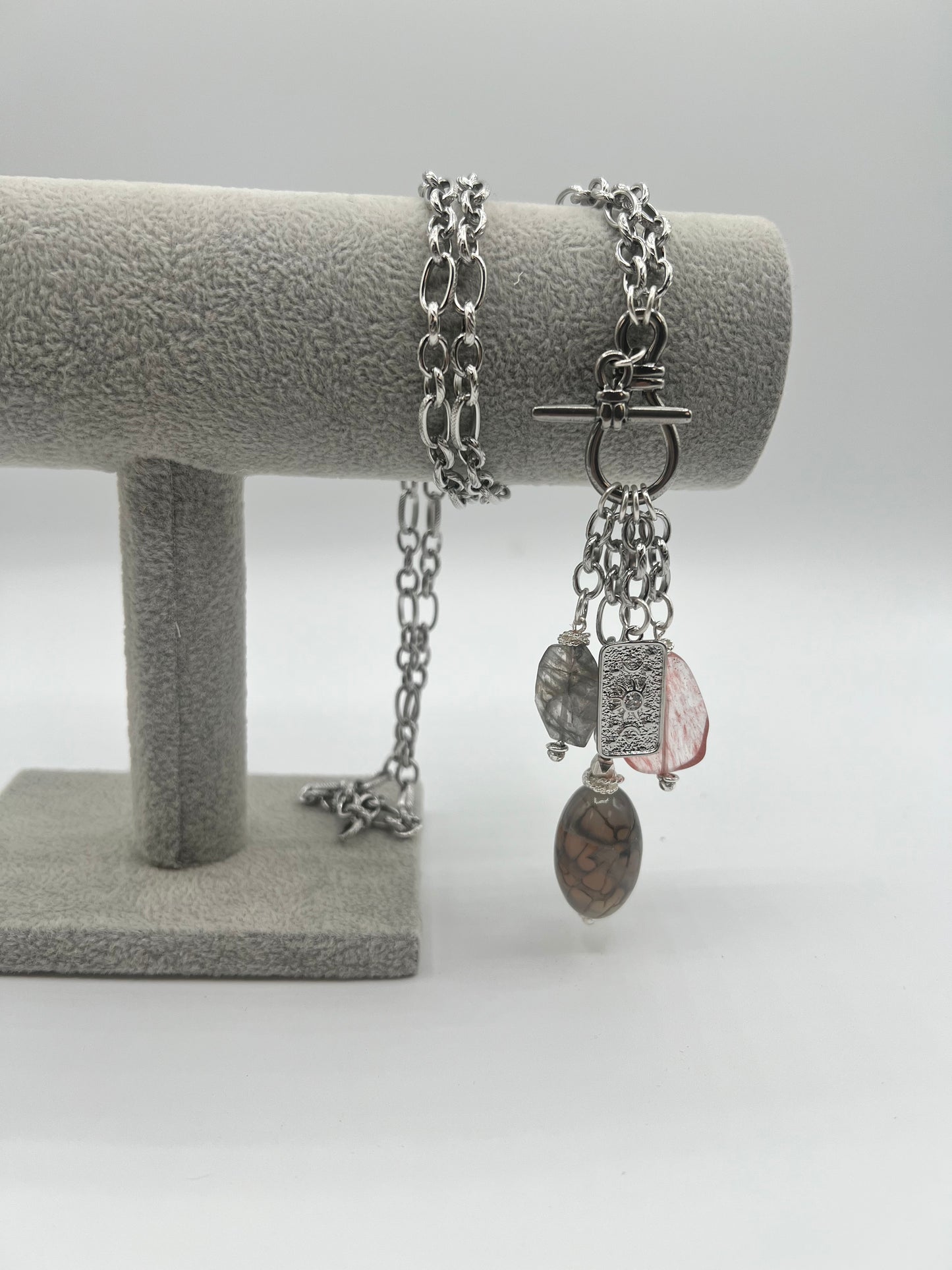 Long Silver Chain with Mixed Gemstone Charms