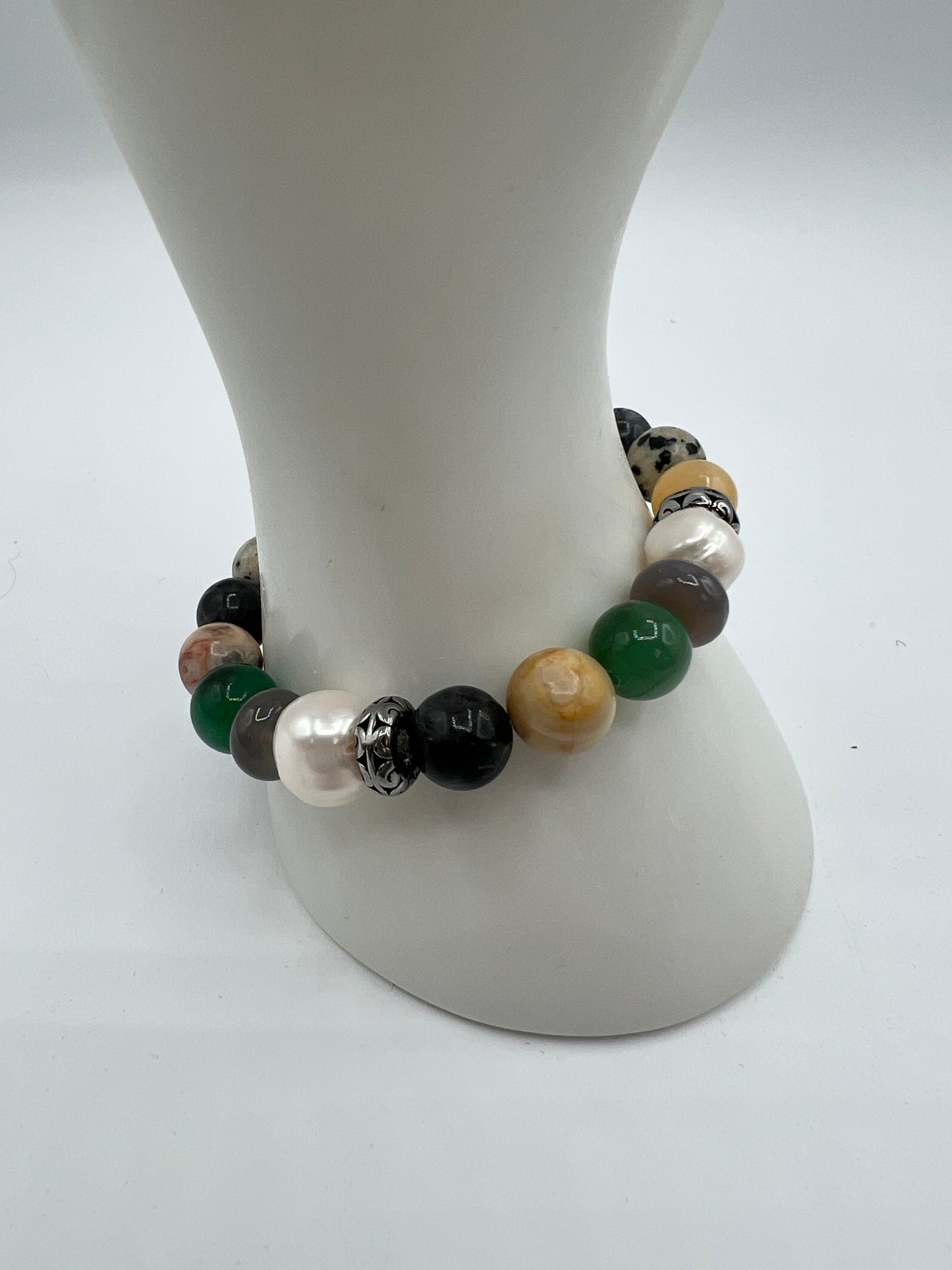 Mixed Gemstone Bracelet with Stainless Steel Beads and Fresh Water Pearls