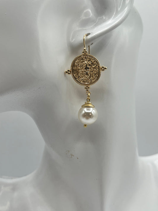 Gemstone Earring with Gold Medallion White Shell Pearl