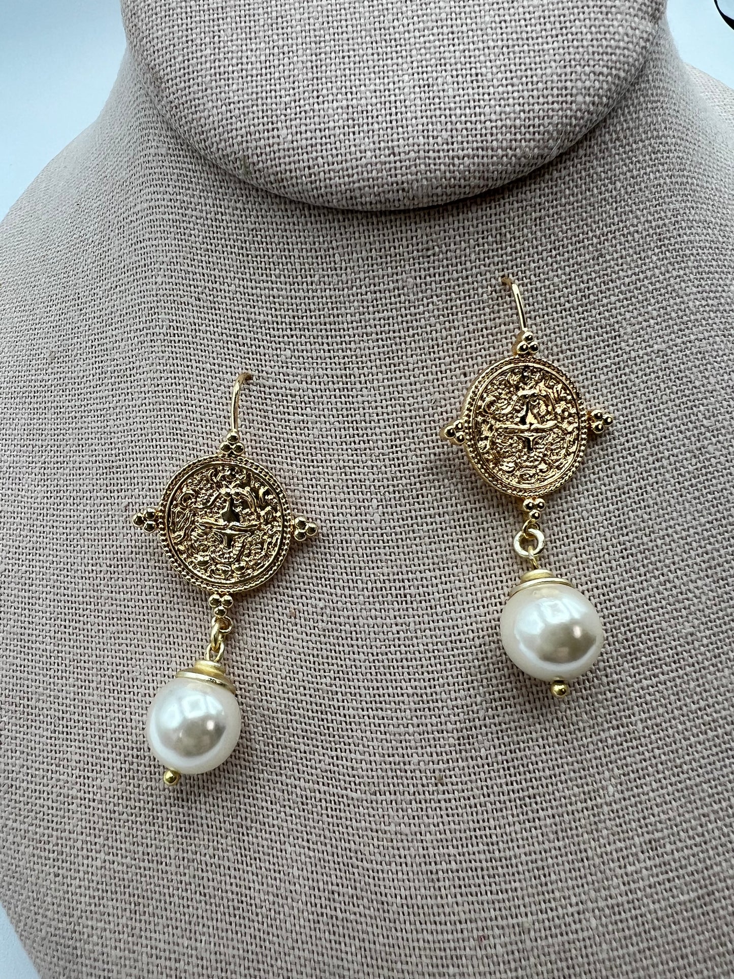 Gemstone Earring with Gold Medallion White Shell Pearl