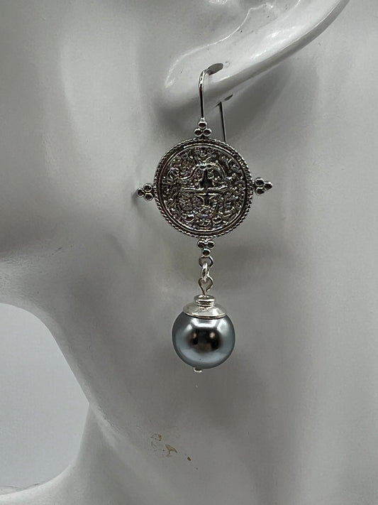 Gemstone Earring with Silver Medallion Gray Shell Pearl