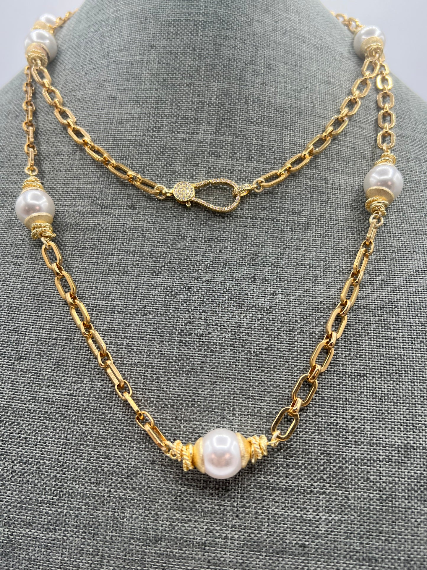 Long Gold Chain Necklace with White Shell Pearls