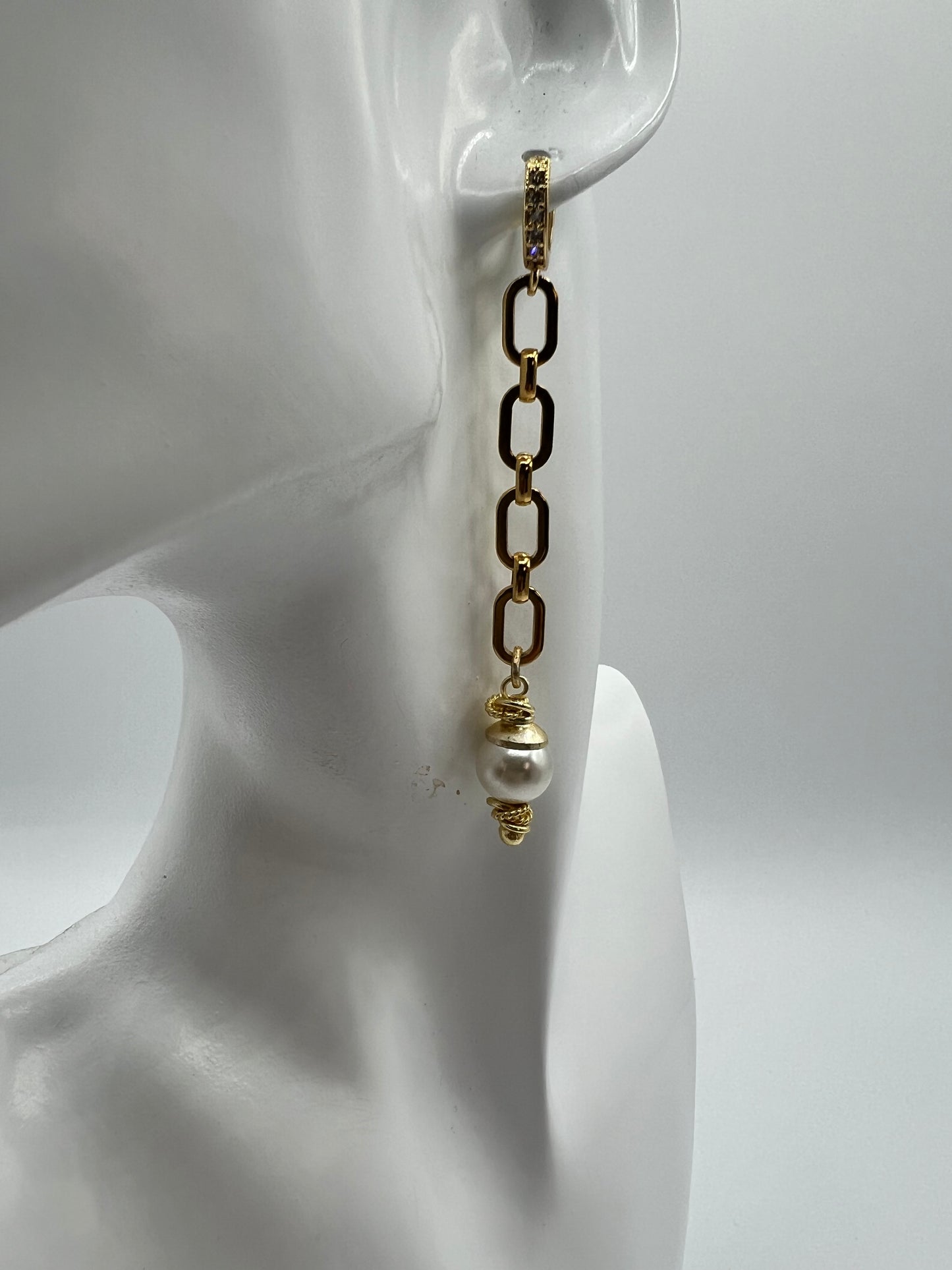 Long Gold Chain Necklace with White Shell Pearls