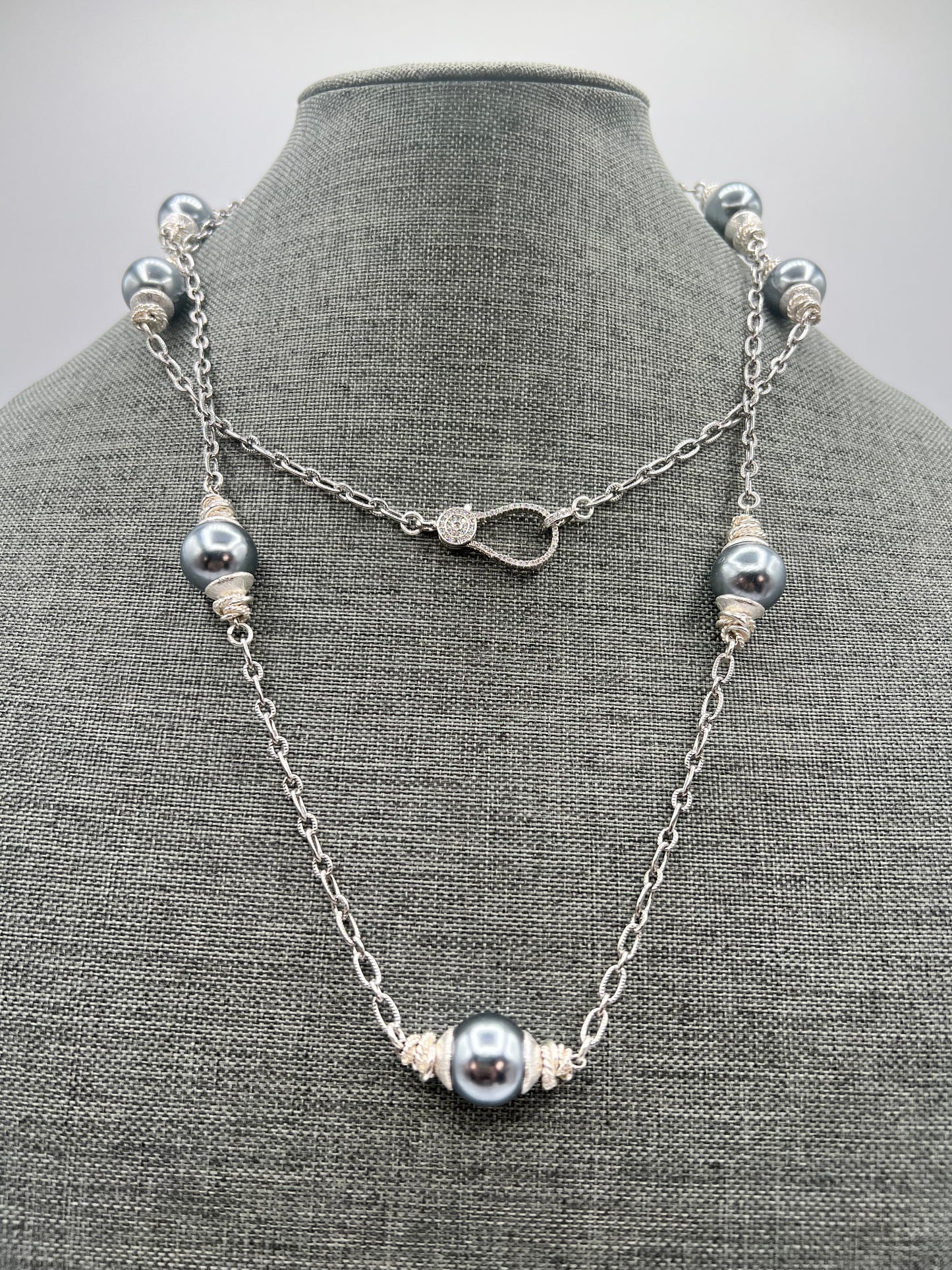 Long Silver Chain Necklace with Gray Shell Pearls