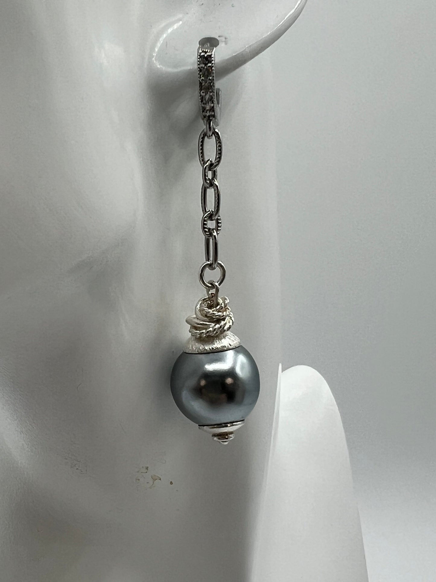 Long Silver Chain Necklace with Gray Shell Pearls