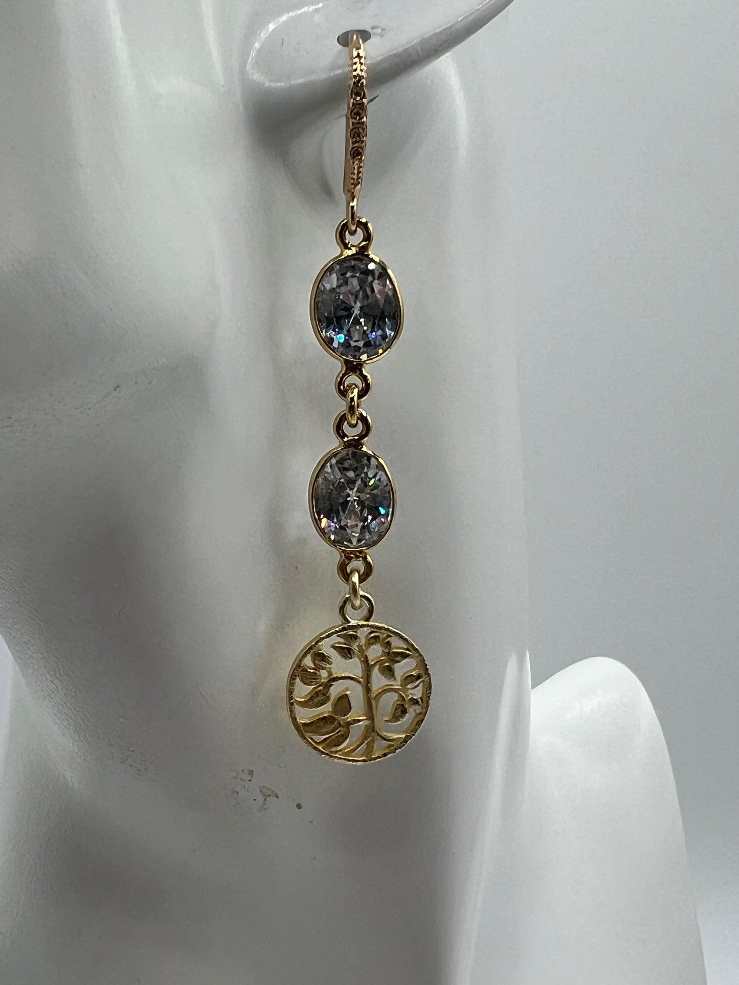 Gold Gemstone Earring wih 2 CZs and Brushed Gold Tree of Life Charm